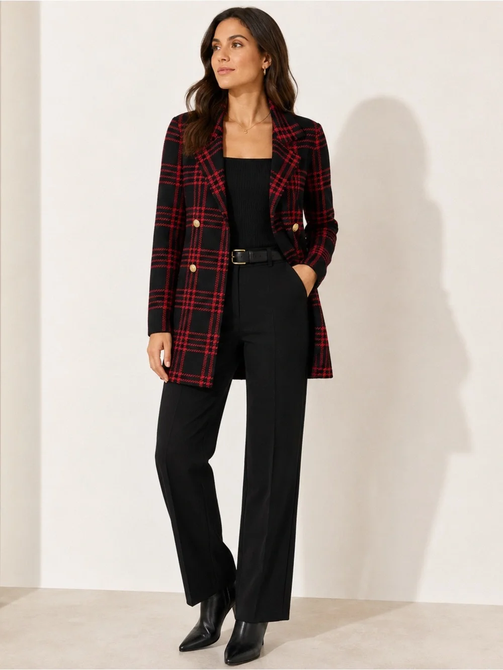 Anne Klein Red Black Plaid Double Breasted Knit Blazer Cardigan Size S